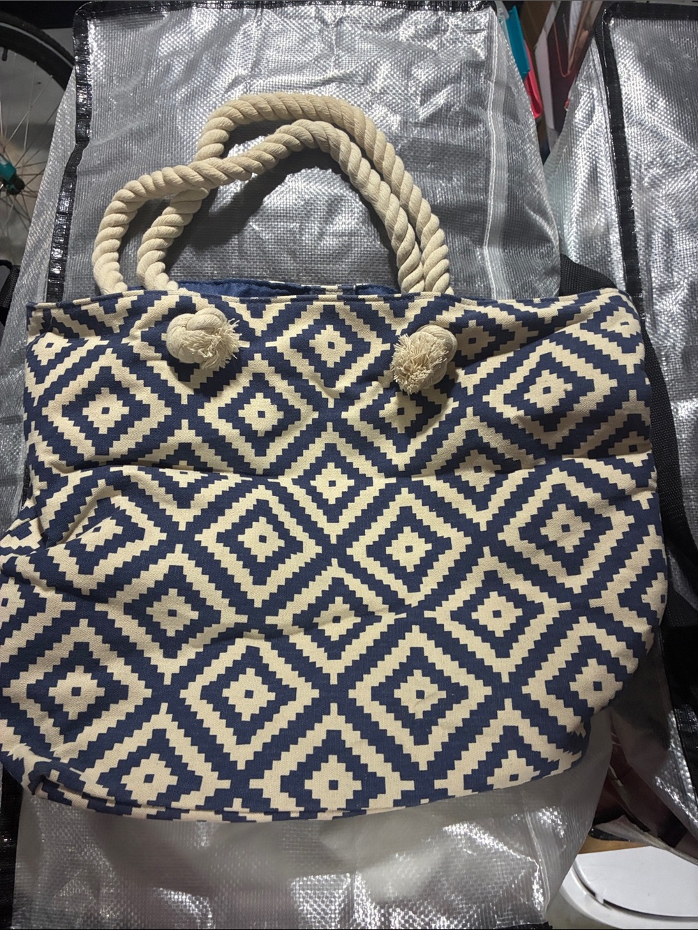 Navy and Cream Diamond-Print Rope Handle Tote